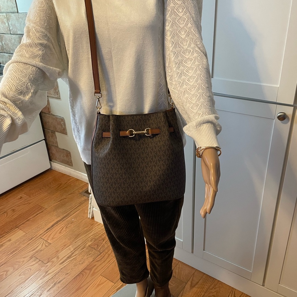 Michael Kors Brown Logo Crossbody Hobo with Gold Hardware